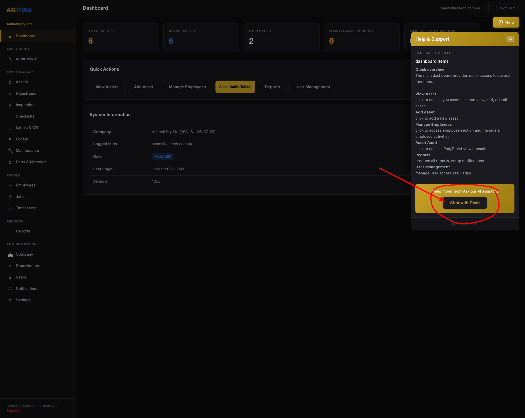 AXITRAQ Dash AI Support Chat