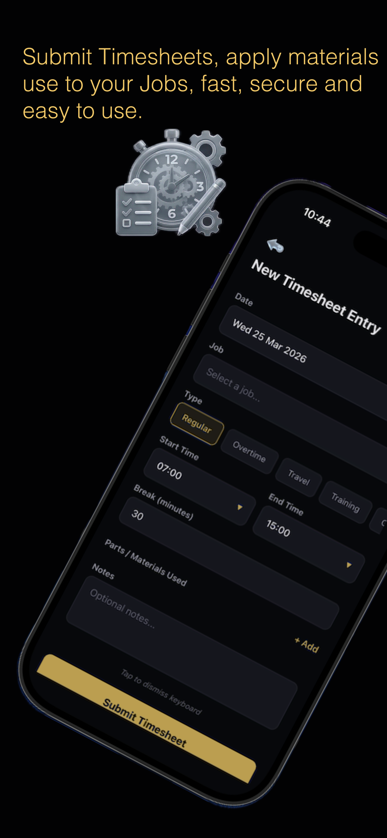 AXITRAQ App — Timesheet entry with job selection and materials tracking