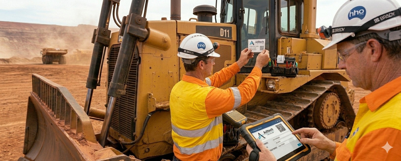 Asset labelling with tablet and QR code on heavy equipment